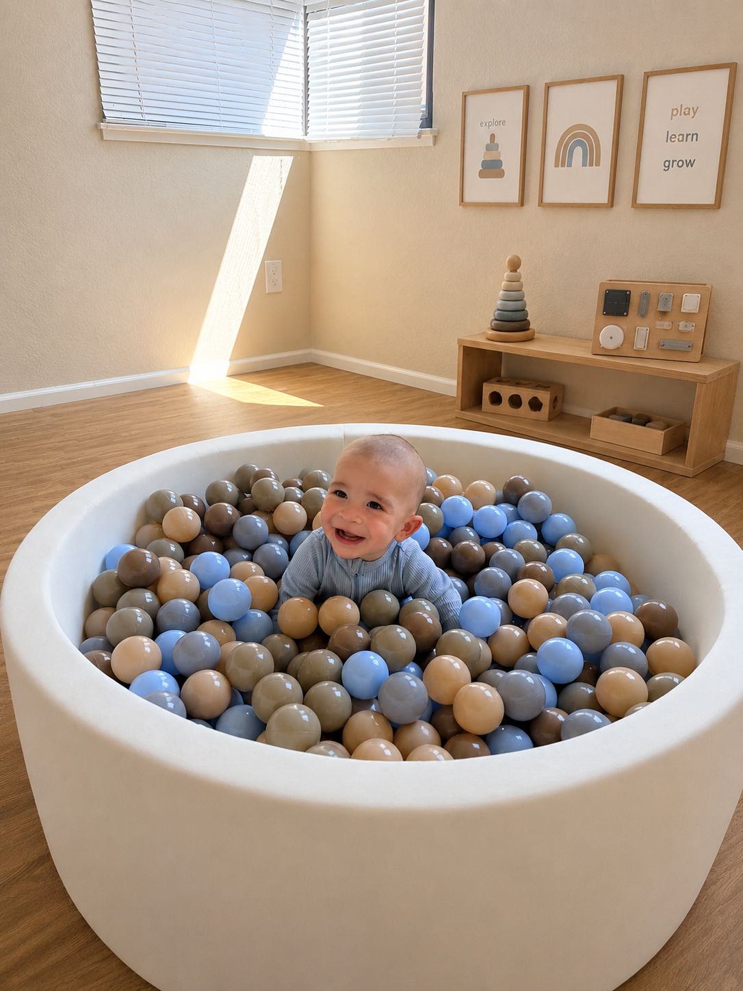 Happy baby playing in the ball pit at Flavia's Little Sprouts