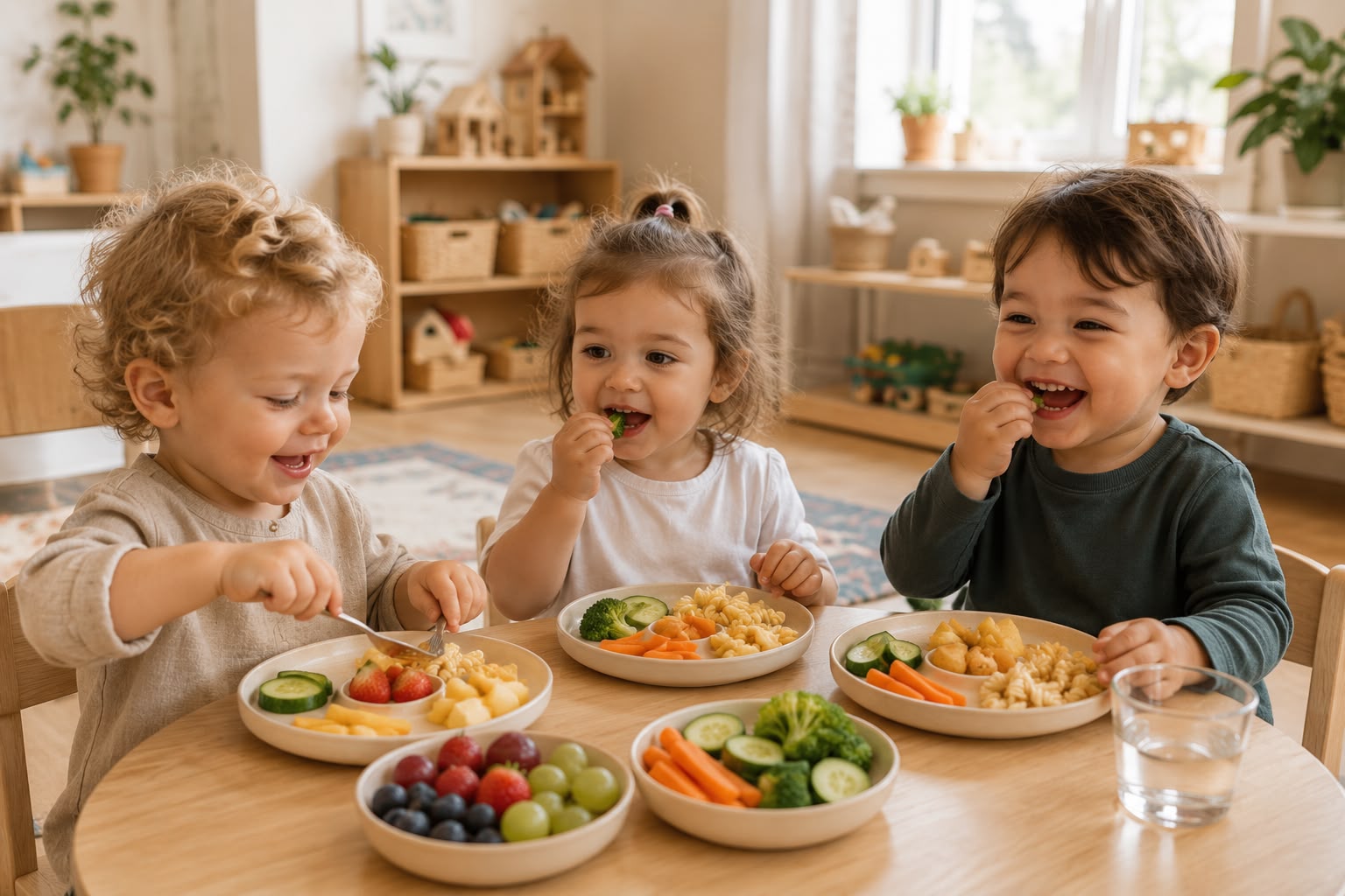 Three toddlers enjoying a healthy meal of fruits and vegetables together